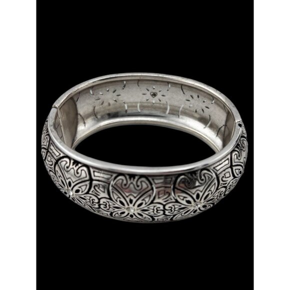 Brighton Etched Floral Design Swarovski Crystal Wide Hinged Clamper Bracelet - Picture 5 of 6